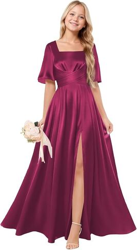 Square Neck Junior Bridesmaid Dress Satin Flower Girl Dresses for Wedding Short Sleeves Girls Formal Dress in Saudi Arabia