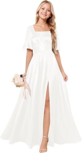 Square Neck Junior Bridesmaid Dress Satin Flower Girl Dresses for Wedding Short Sleeves Girls Formal Dress in Saudi Arabia