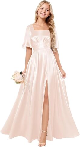 Square Neck Junior Bridesmaid Dress Satin Flower Girl Dresses for Wedding Short Sleeves Girls Formal Dress in Saudi Arabia