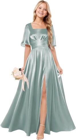 Square Neck Junior Bridesmaid Dress Satin Flower Girl Dresses for Wedding Short Sleeves Girls Formal Dress in Saudi Arabia