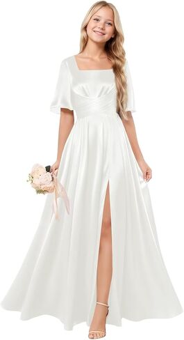 Square Neck Junior Bridesmaid Dress Satin Flower Girl Dresses for Wedding Short Sleeves Girls Formal Dress in Saudi Arabia