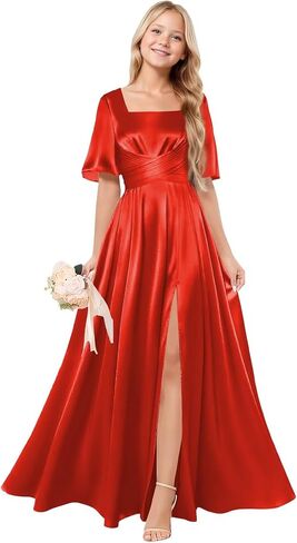 Square Neck Junior Bridesmaid Dress Satin Flower Girl Dresses for Wedding Short Sleeves Girls Formal Dress in Saudi Arabia