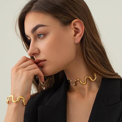 Luxurious Gold-Plated Wavy Choker Necklace for Women, 18K Gold-Plated Stainless Steel, Modern, Bold and Elegant Statement Choker Necklace for Women - Hypoallergenic, Tarnish-Resistant, Perfect for Everyday Wear and Special Occasions in Saudi Arabia