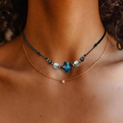 Ceramic Star Spiral Necklace Boho Hippie Y2K Choker Adjustable Black Cord Cute Whimsical Jewelry For Women in Saudi Arabia
