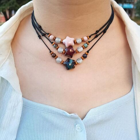 Ceramic Star Spiral Necklace Boho Hippie Y2K Choker Adjustable Black Cord Cute Whimsical Jewelry For Women in Saudi Arabia