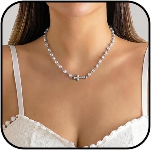Cross Necklace for Women Gold Pearl Cross Necklace Eternal Pearls Necklace with Cross Dainty Sidways Cross Choker Necklaces Faith Jewelry Religious Gifts in Saudi Arabia