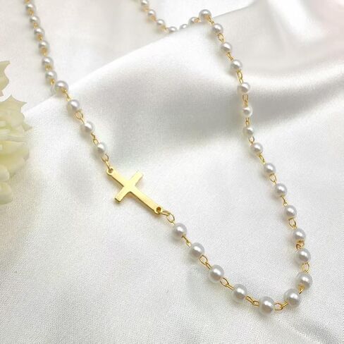 Cross Necklace for Women Gold Pearl Cross Necklace Eternal Pearls Necklace with Cross Dainty Sidways Cross Choker Necklaces Faith Jewelry Religious Gifts in Saudi Arabia