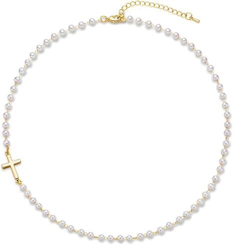 Cross Necklace for Women Gold Pearl Cross Necklace Eternal Pearls Necklace with Cross Dainty Sidways Cross Choker Necklaces Faith Jewelry Religious Gifts in Saudi Arabia