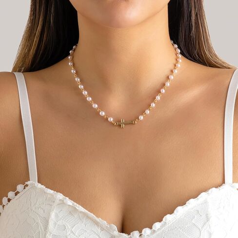 Cross Necklace for Women Gold Pearl Cross Necklace Eternal Pearls Necklace with Cross Dainty Sidways Cross Choker Necklaces Faith Jewelry Religious Gifts in Saudi Arabia