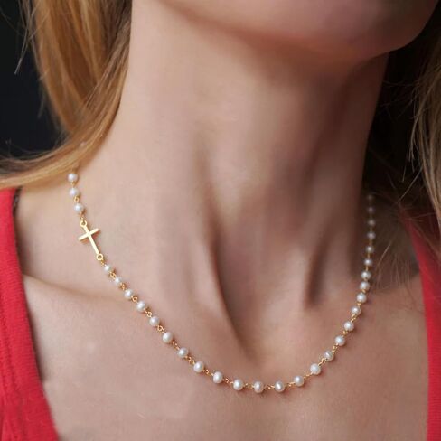 Cross Necklace for Women Gold Pearl Cross Necklace Eternal Pearls Necklace with Cross Dainty Sidways Cross Choker Necklaces Faith Jewelry Religious Gifts in Saudi Arabia