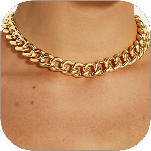FOCALOOK Chunky Gold Necklace for Women, 14K Gold Plated Thick Gold Cuban Chains Lightweight Womens Choker Necklace for Daily Wear 13mm/16mm/23mm Punk Hip Hop Statement Jewelry in Kuwait