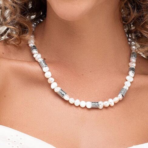 925 Sterling Silver Necklace Rolo On A 20" Chain With Freshwater Cultured Pearls Vintage Look Hypoallergenic Nickel and Lead-free Artisan Handcrafted Designer Collection in Saudi Arabia