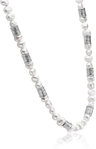 925 Sterling Silver Necklace Rolo On A 20" Chain With Freshwater Cultured Pearls Vintage Look Hypoallergenic Nickel and Lead-free Artisan Handcrafted Designer Collection in Saudi Arabia