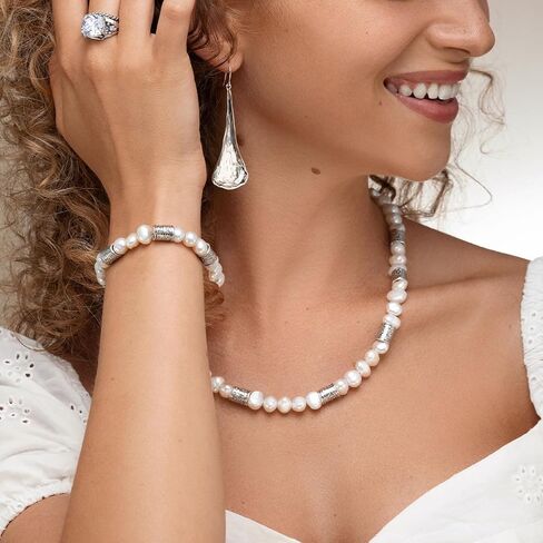 925 Sterling Silver Necklace Rolo On A 20" Chain With Freshwater Cultured Pearls Vintage Look Hypoallergenic Nickel and Lead-free Artisan Handcrafted Designer Collection in Saudi Arabia