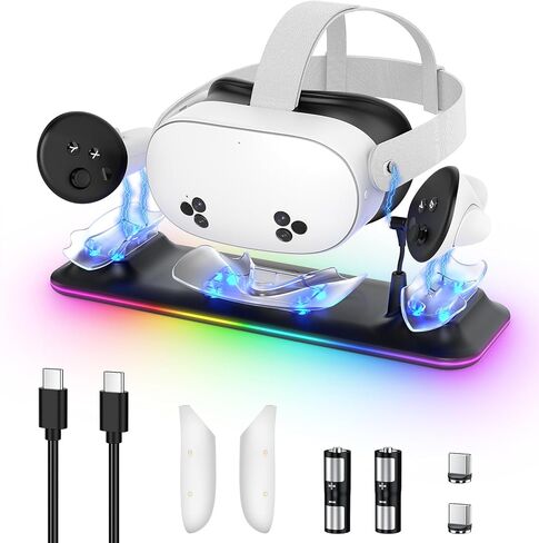 قاعدة شحن لـ Meta Quest 3S/3، محطة شحن مغناطيسية Kinwin لملحقات Oculus Quest 3S/3 مع ضوء RGB، حامل شحن لسماعات الواقع الافتراضي وجهاز التحكم مع بطاريتين قابلتين للشحن in Kuwait
