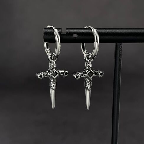 Stainless Steel Silver Gothic Cross and Dagger Earrings Unisex Punk Gothic Jewelry in Saudi Arabia