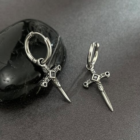 Stainless Steel Silver Gothic Cross and Dagger Earrings Unisex Punk Gothic Jewelry in Saudi Arabia