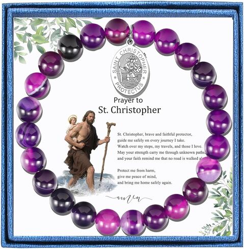 LIUANAN سانت كريستوفر جمشت سوار للنساء قديس المسافرين - هدية الحماية المسيحية مجوهرات الإيمان الكاثوليكي للرحلة والتوجيه هدية السفر الكاثوليكية لابنة أمي الجدة مع أحجار الشفاء الطبيعية in Kuwait