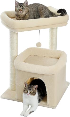 PEQULTI Cat Tree Tower for Indoor Cats with Private Cozy Cat Condo, Natural Sisal Scratching Posts and Plush Pom-pom for Small Cats in Kuwait
