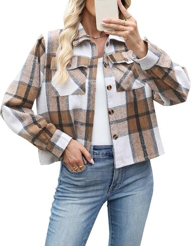 Flannels for Women Cropped Shacket Jacket Plaid Button Down Shirt Fashion Fall Winter Coat Tops in Saudi Arabia