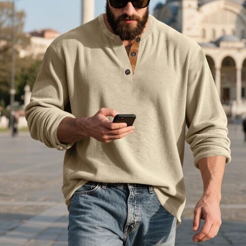 Men's Casual Sweatshirt Corduroy Long Sleeve Sweatshirts Button Henley Simple Pullover Shirt in Saudi Arabia