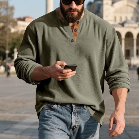 Men's Long Sleeve Sweatshirt Button Henley Simple Casual Sweatshirts Soild Color Pullover Shirt in Saudi Arabia
