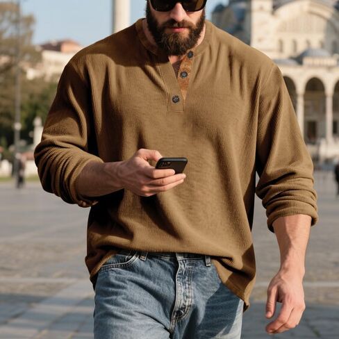 Men's Long Sleeve Sweatshirt Button Henley Simple Casual Sweatshirts Soild Color Pullover Shirt in Saudi Arabia