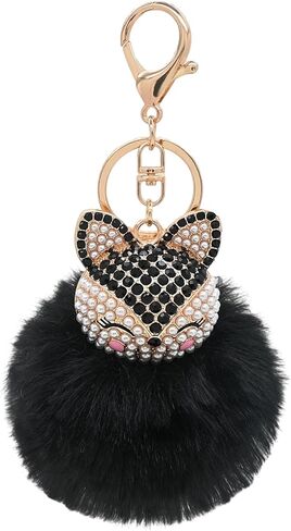 Fox Head Keychain with Faux Fur Pom-Pom, Bling Rhinestones and Simulated Pearl Inlaid Key Chain for Women Girls in Saudi Arabia