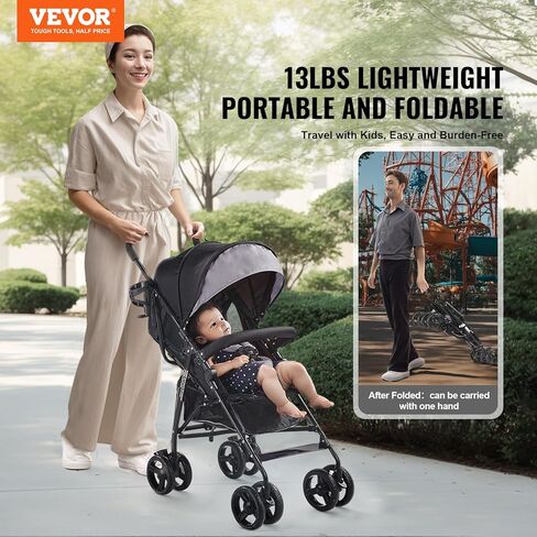 VEVOR Lightweight Stroller, Compact Easy Fold Multiposition Recline Canopy Backrest, Carbon Steel Frame, Large Storage Basket, Umbrella Toddler Baby Stroller for Travel and More, Black/Pink in Saudi Arabia