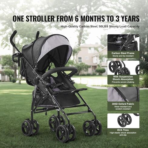 VEVOR Lightweight Stroller, Compact Easy Fold Multiposition Recline Canopy Backrest, Carbon Steel Frame, Large Storage Basket, Umbrella Toddler Baby Stroller for Travel and More, Black/Pink in Saudi Arabia
