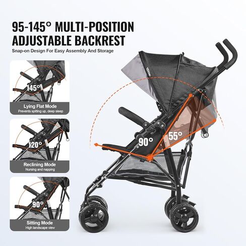 VEVOR Lightweight Stroller, Compact Easy Fold Multiposition Recline Canopy Backrest, Carbon Steel Frame, Large Storage Basket, Umbrella Toddler Baby Stroller for Travel and More, Black/Pink in Saudi Arabia