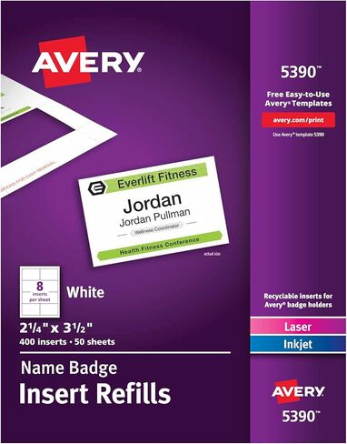 إدراج شارة اسم قابلة للتخصيص من Avery، 2.25 بوصة × 3.5 بوصة، أبيض، 400 إدراج بطاقة اسم قابلة للطباعة (5390) (عبوة من 5) in Kuwait