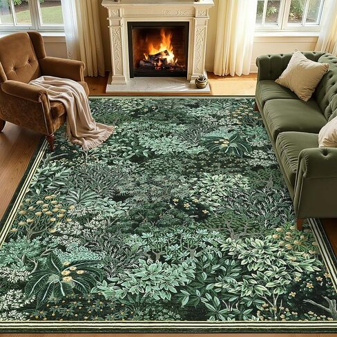 GarveeHome Forest Rugs 5x7, Dark Green Washable Area Rugs for Living Room 5x7, Botanical Low Pile Non Slip Stain Resistance Woodland Rug for Farmhouse, Bedroom, Dining Room in Saudi Arabia