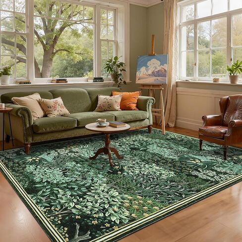 GarveeHome Forest Rugs 5x7, Dark Green Washable Area Rugs for Living Room 5x7, Botanical Low Pile Non Slip Stain Resistance Woodland Rug for Farmhouse, Bedroom, Dining Room in Saudi Arabia