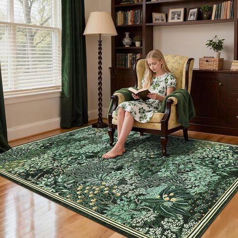 GarveeHome Forest Rugs 5x7, Dark Green Washable Area Rugs for Living Room 5x7, Botanical Low Pile Non Slip Stain Resistance Woodland Rug for Farmhouse, Bedroom, Dining Room in Saudi Arabia