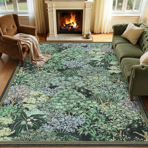 GarveeHome Forest Rugs 5x7, Dark Green Washable Area Rugs for Living Room 5x7, Botanical Low Pile Non Slip Stain Resistance Woodland Rug for Farmhouse, Bedroom, Dining Room in Saudi Arabia