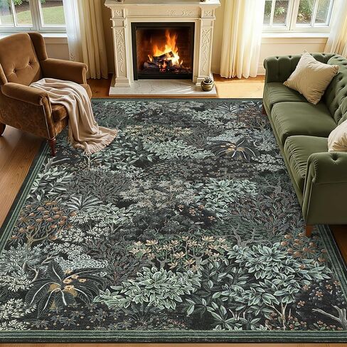 GarveeHome Forest Rugs 5x7, Dark Green Washable Area Rugs for Living Room 5x7, Botanical Low Pile Non Slip Stain Resistance Woodland Rug for Farmhouse, Bedroom, Dining Room in Saudi Arabia