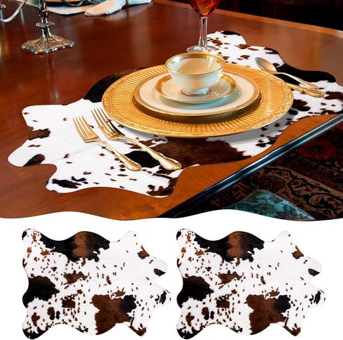 2 Pack Mini Faux Cowhide Rug, Mini Rustic Cowhide Rug Cute Rural Western Animal Pattern Decorative Rugs for Table Mat Decoration, Cowboy Parties, 19.6" W x 23.6" L in Saudi Arabia