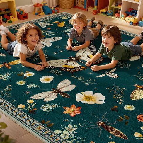 Joydeco Insect Washable 5x7 Area Rugs, Boho Floral Dark Green Rugs for Bedroom Non Slip, Ultra-Thin Soft Low-Pile Floor Indoor Throw Carpet for Dining Dorm Kids Playroom Nursery Office in Saudi Arabia