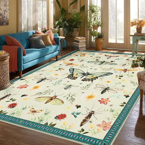 Joydeco Insect Washable 5x7 Area Rugs, Boho Floral Dark Green Rugs for Bedroom Non Slip, Ultra-Thin Soft Low-Pile Floor Indoor Throw Carpet for Dining Dorm Kids Playroom Nursery Office in Saudi Arabia