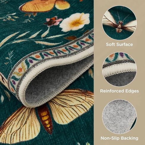 Joydeco Insect Washable 5x7 Area Rugs, Boho Floral Dark Green Rugs for Bedroom Non Slip, Ultra-Thin Soft Low-Pile Floor Indoor Throw Carpet for Dining Dorm Kids Playroom Nursery Office in Saudi Arabia
