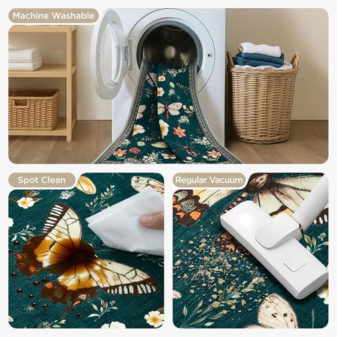 Joydeco Insect Washable 5x7 Area Rugs, Boho Floral Dark Green Rugs for Bedroom Non Slip, Ultra-Thin Soft Low-Pile Floor Indoor Throw Carpet for Dining Dorm Kids Playroom Nursery Office in Saudi Arabia