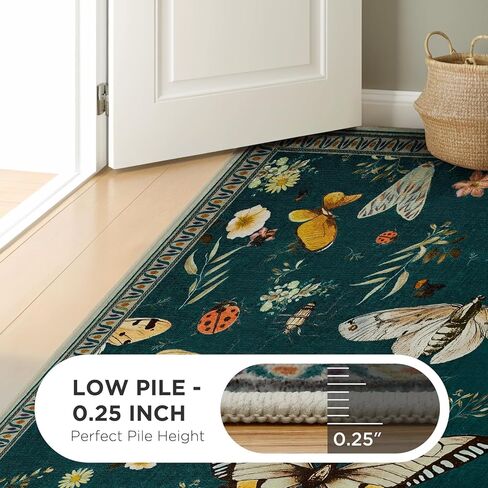 Joydeco Insect Washable 5x7 Area Rugs, Boho Floral Dark Green Rugs for Bedroom Non Slip, Ultra-Thin Soft Low-Pile Floor Indoor Throw Carpet for Dining Dorm Kids Playroom Nursery Office in Saudi Arabia