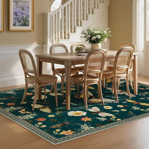 Joydeco Insect Washable 5x7 Area Rugs, Boho Floral Dark Green Rugs for Bedroom Non Slip, Ultra-Thin Soft Low-Pile Floor Indoor Throw Carpet for Dining Dorm Kids Playroom Nursery Office in Saudi Arabia