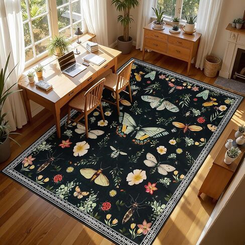 Joydeco Insect Washable 5x7 Area Rugs, Boho Floral Dark Green Rugs for Bedroom Non Slip, Ultra-Thin Soft Low-Pile Floor Indoor Throw Carpet for Dining Dorm Kids Playroom Nursery Office in Saudi Arabia