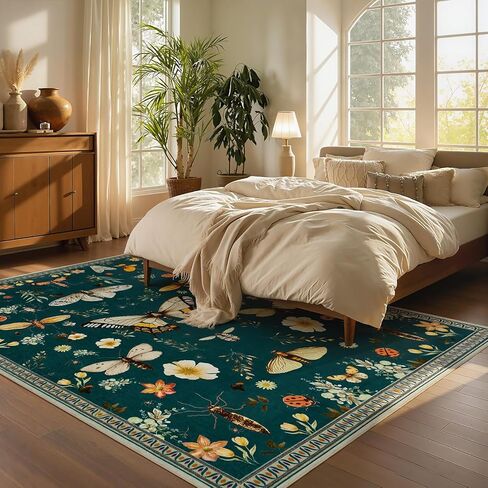 Joydeco Insect Washable 5x7 Area Rugs, Boho Floral Dark Green Rugs for Bedroom Non Slip, Ultra-Thin Soft Low-Pile Floor Indoor Throw Carpet for Dining Dorm Kids Playroom Nursery Office in Saudi Arabia