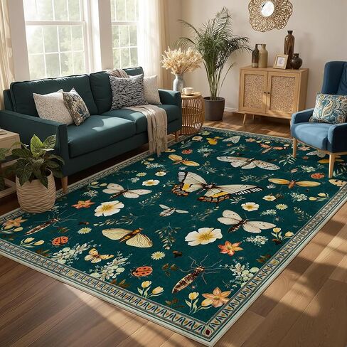 Joydeco Insect Washable 5x7 Area Rugs, Boho Floral Dark Green Rugs for Bedroom Non Slip, Ultra-Thin Soft Low-Pile Floor Indoor Throw Carpet for Dining Dorm Kids Playroom Nursery Office in Saudi Arabia