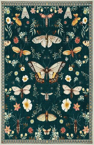 Joydeco Insect Washable 5x7 Area Rugs, Boho Floral Dark Green Rugs for Bedroom Non Slip, Ultra-Thin Soft Low-Pile Floor Indoor Throw Carpet for Dining Dorm Kids Playroom Nursery Office in Saudi Arabia