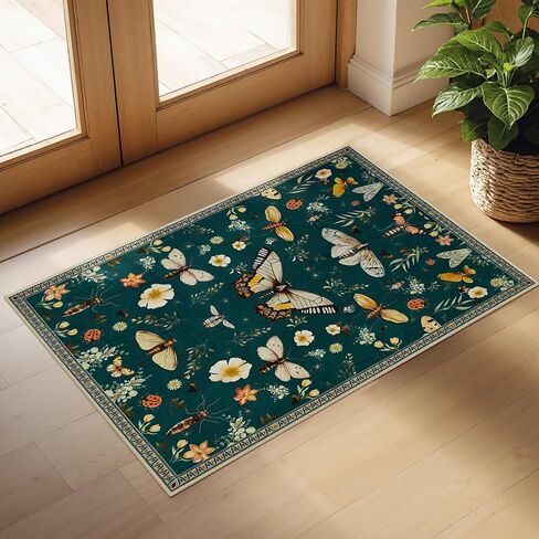 Joydeco Insect Washable 5x7 Area Rugs, Boho Floral Dark Green Rugs for Bedroom Non Slip, Ultra-Thin Soft Low-Pile Floor Indoor Throw Carpet for Dining Dorm Kids Playroom Nursery Office in Saudi Arabia