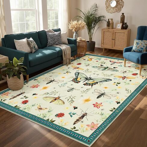 Joydeco Insect Washable 5x7 Area Rugs, Boho Floral Dark Green Rugs for Bedroom Non Slip, Ultra-Thin Soft Low-Pile Floor Indoor Throw Carpet for Dining Dorm Kids Playroom Nursery Office in Saudi Arabia